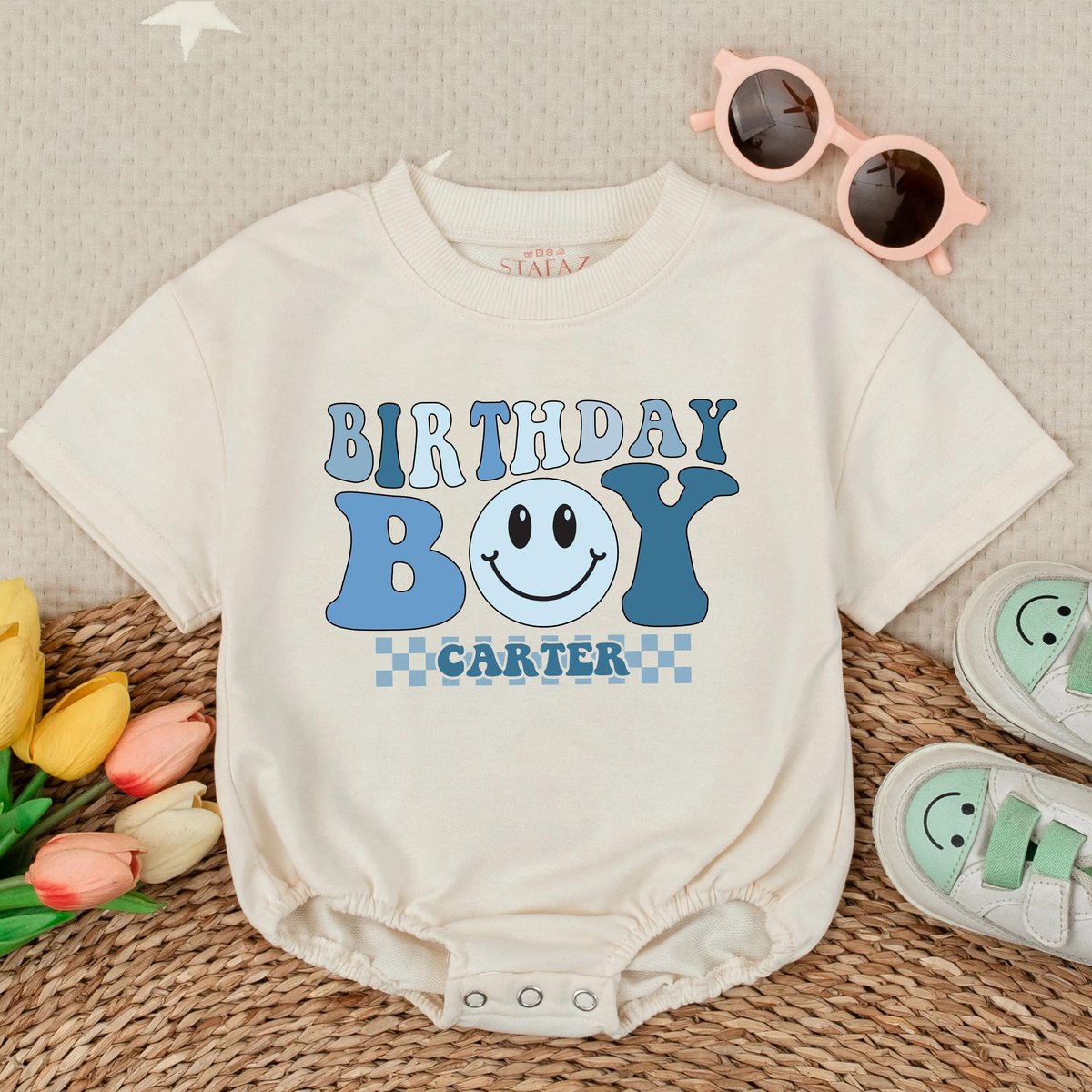 Custom Name 1st Birthday Boy Short Sleeve Bubble Romper Personalized Toddler Outfit Cute Baby Clothe