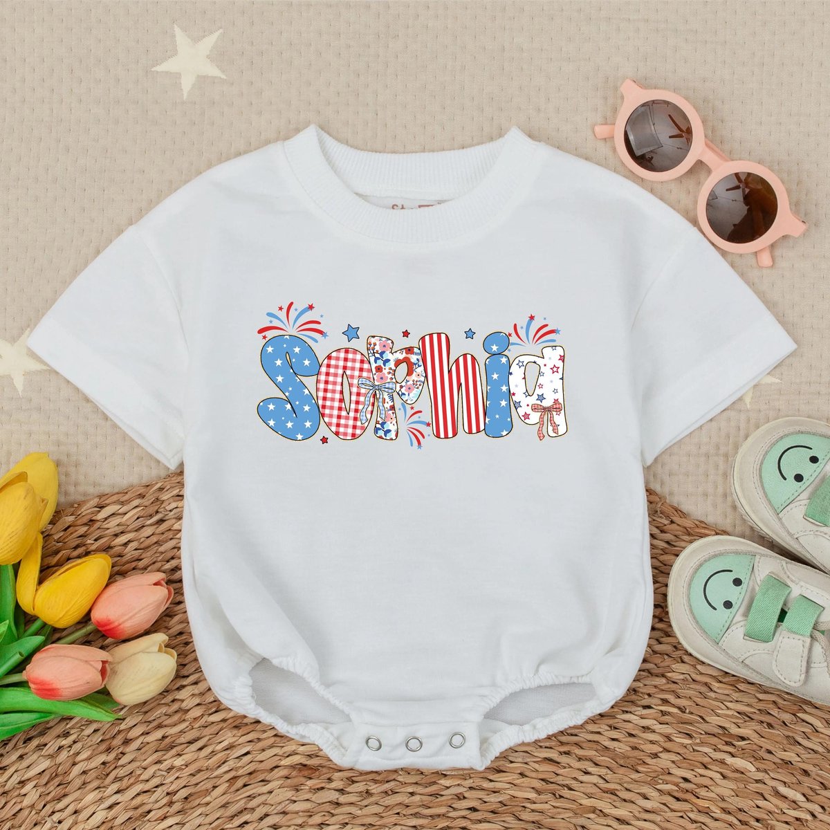 Custom Name 4th of July Baby Bubble Romper Personalized Red White Blue Short Sleeve Outfit USA Indep
