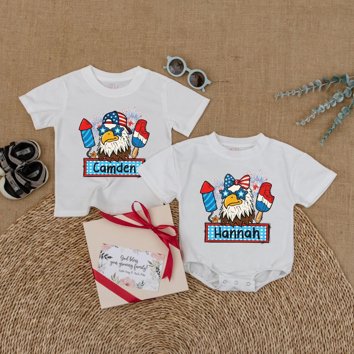 Custom Name 4th of July Baby Romper Patriotic Outfit for Baby Boy Girl Matching 4th of July Sister B 430