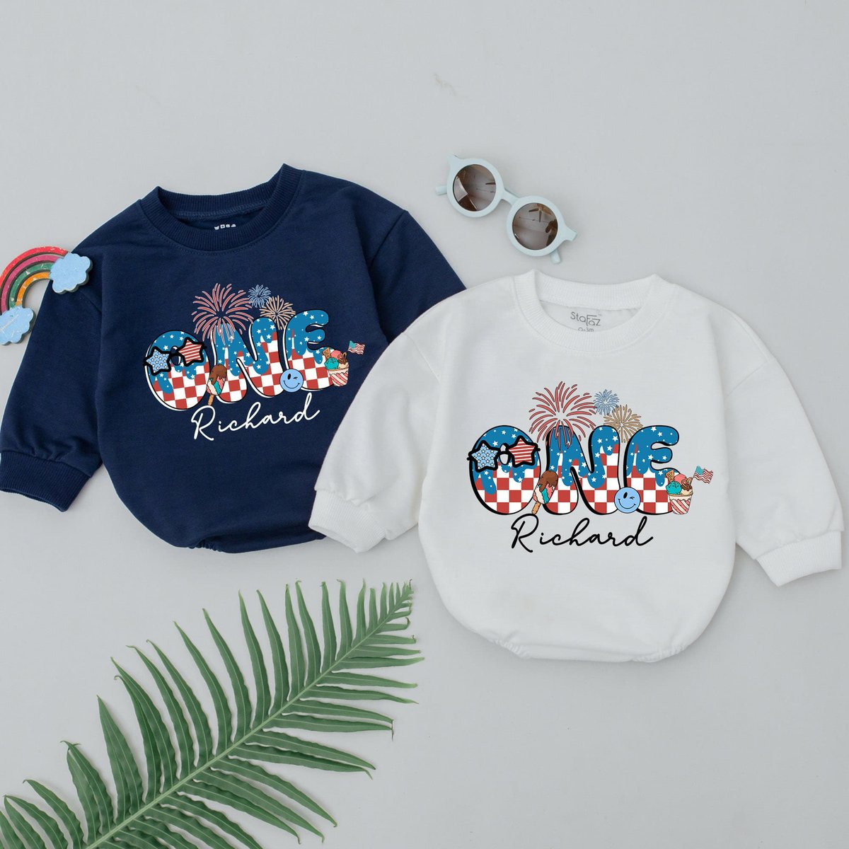 Custom Name 4th of July Birthday Romper One Year Old Baby Bodysuit Party in the USA Outfit Personali