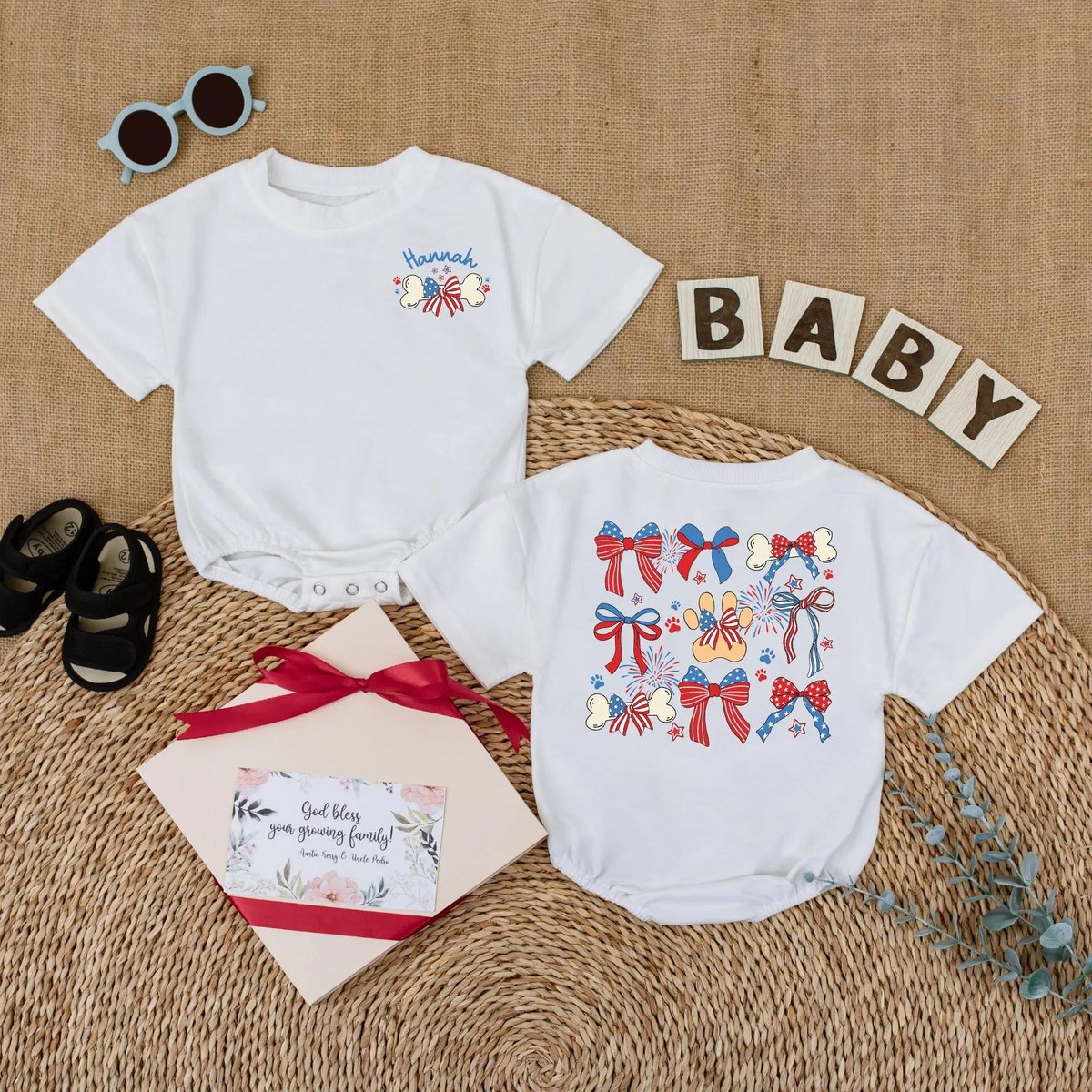Custom Name 4th of July Dog Baby Romper Personalized Patriotic Baby Outfit Independence Day Bodysuit 431