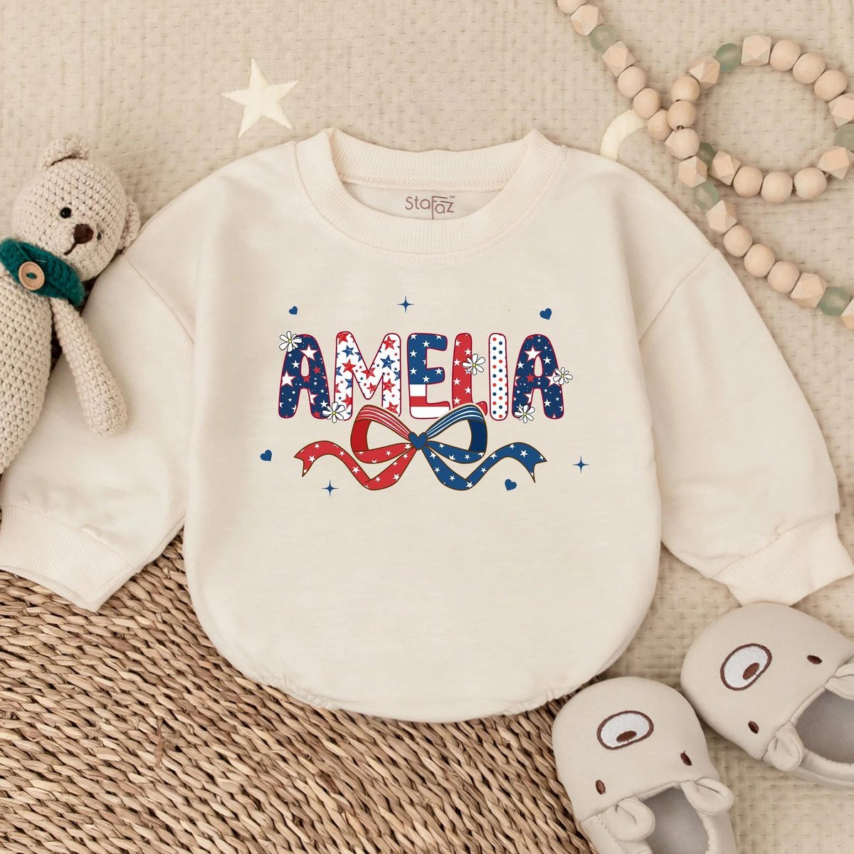 Custom Name Amelia Bubble Romper 4th Of July Long Sleeve Outfit Toddler Kid Clothes Cute Infant Clot