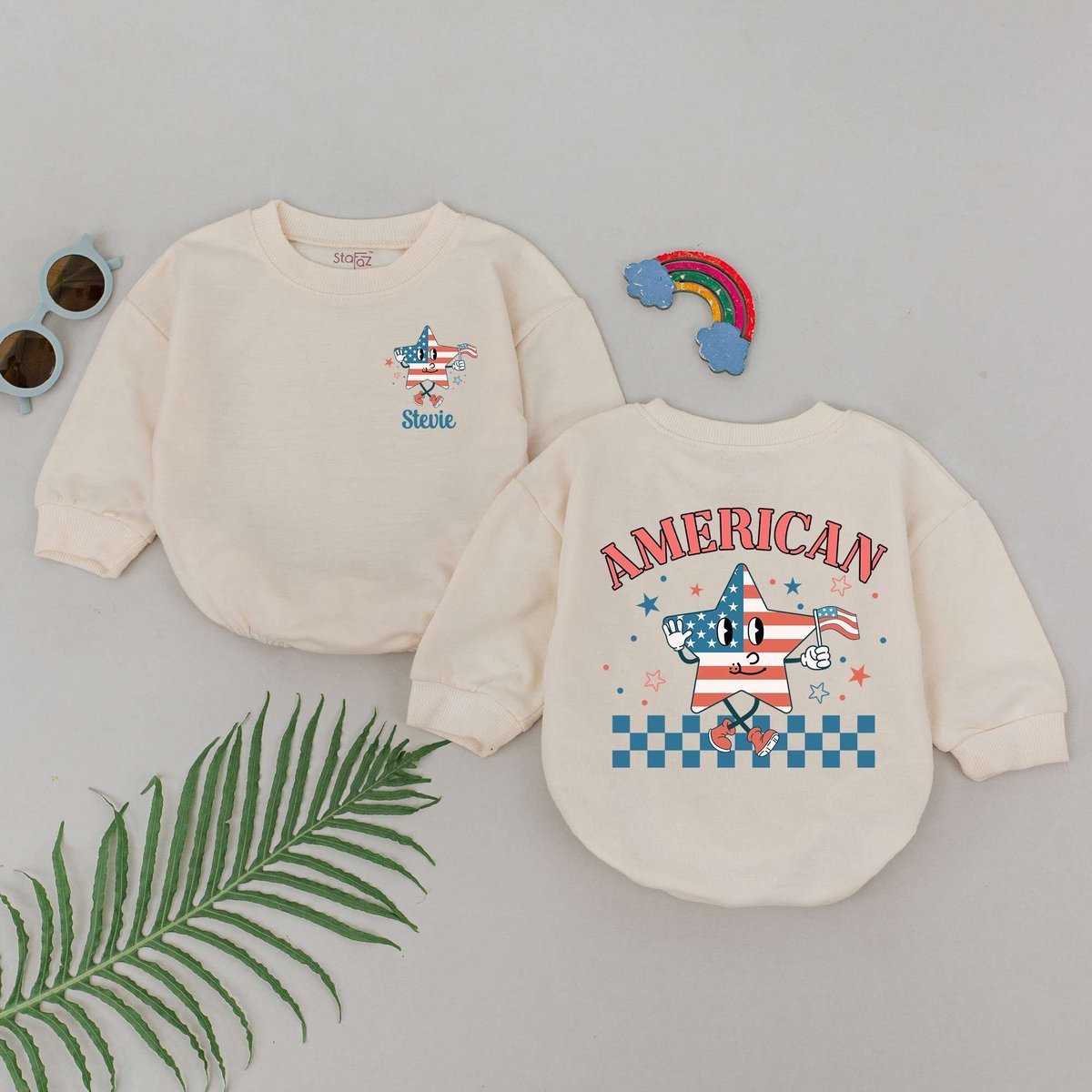 Custom Name American Babe Romper 4th of July Baby Bodysuit First Independence Day Outfit Personalize