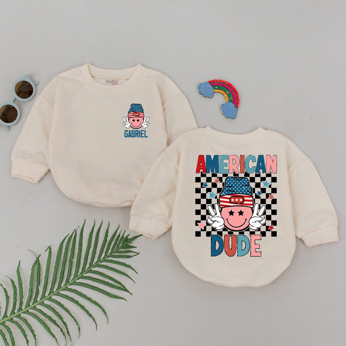 Custom Name American Dude Romper 4th of July Baby Boy Outfit Patriotic USA Bodysuit First Independen