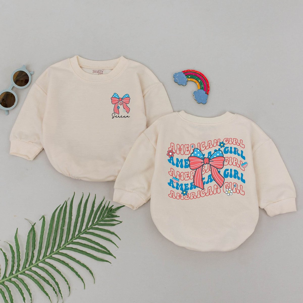 Custom Name American Girl Romper 4th of July Baby Outfit Party in the USA Bodysuit July Birthday Gif
