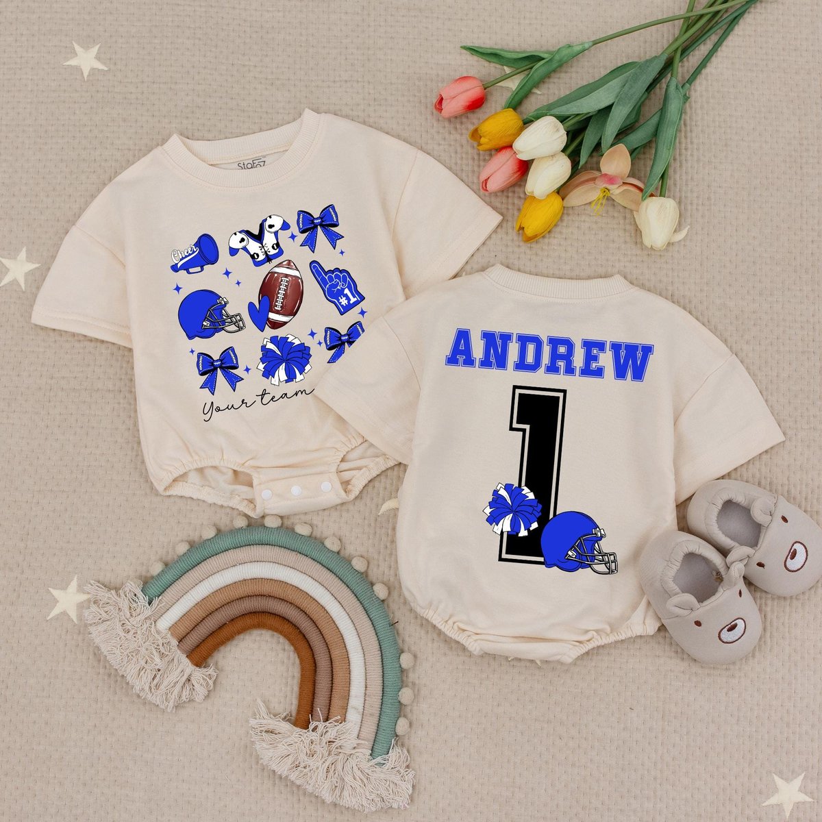 Custom Name and Number Football Bow Bubble Romper Blue Bows Football Team Babysuit Girls Cheer Masco