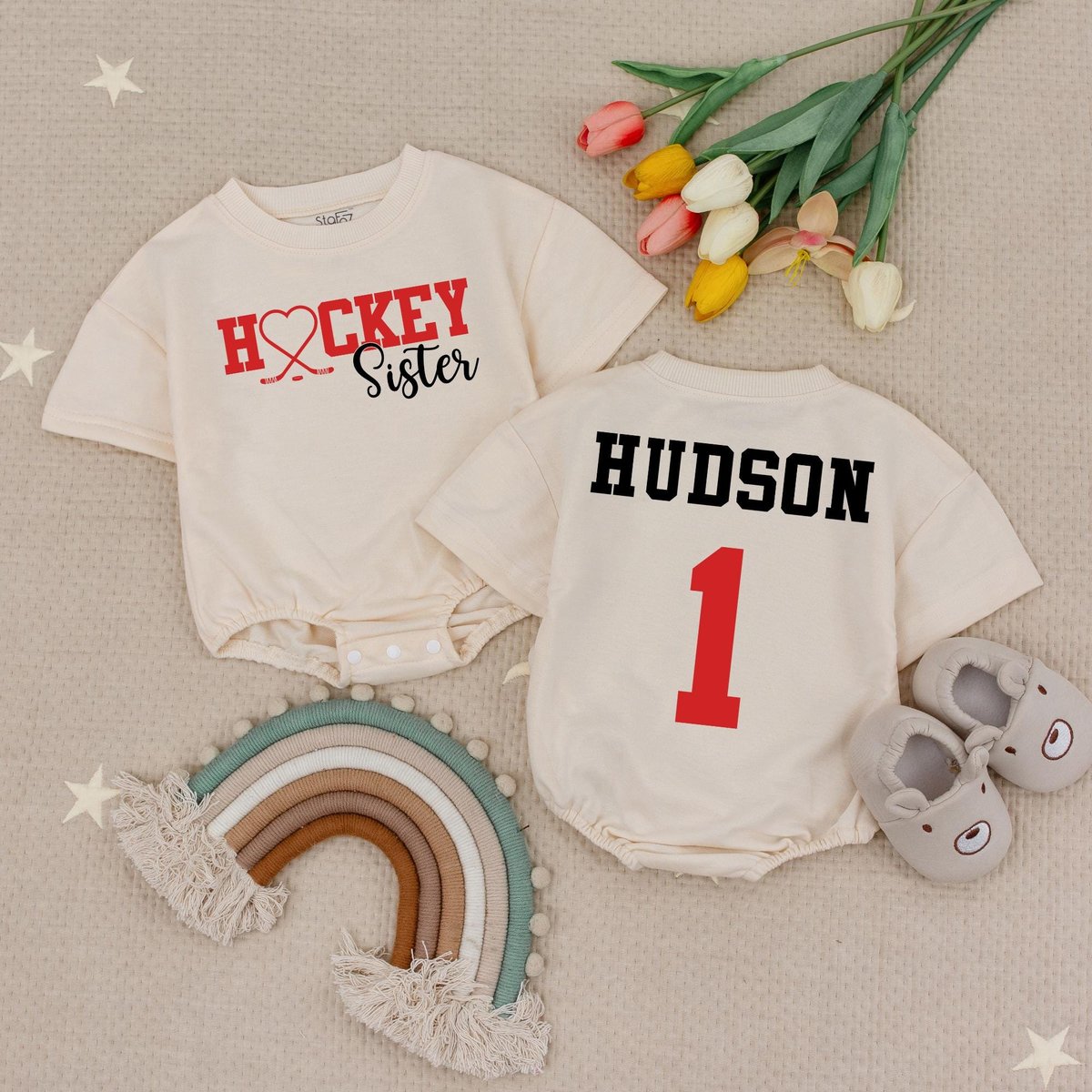 Custom Name and Number Hockey Sister Bubble Romper Hockeyl Lil Sis Babysuit His Biggest Fan Personal