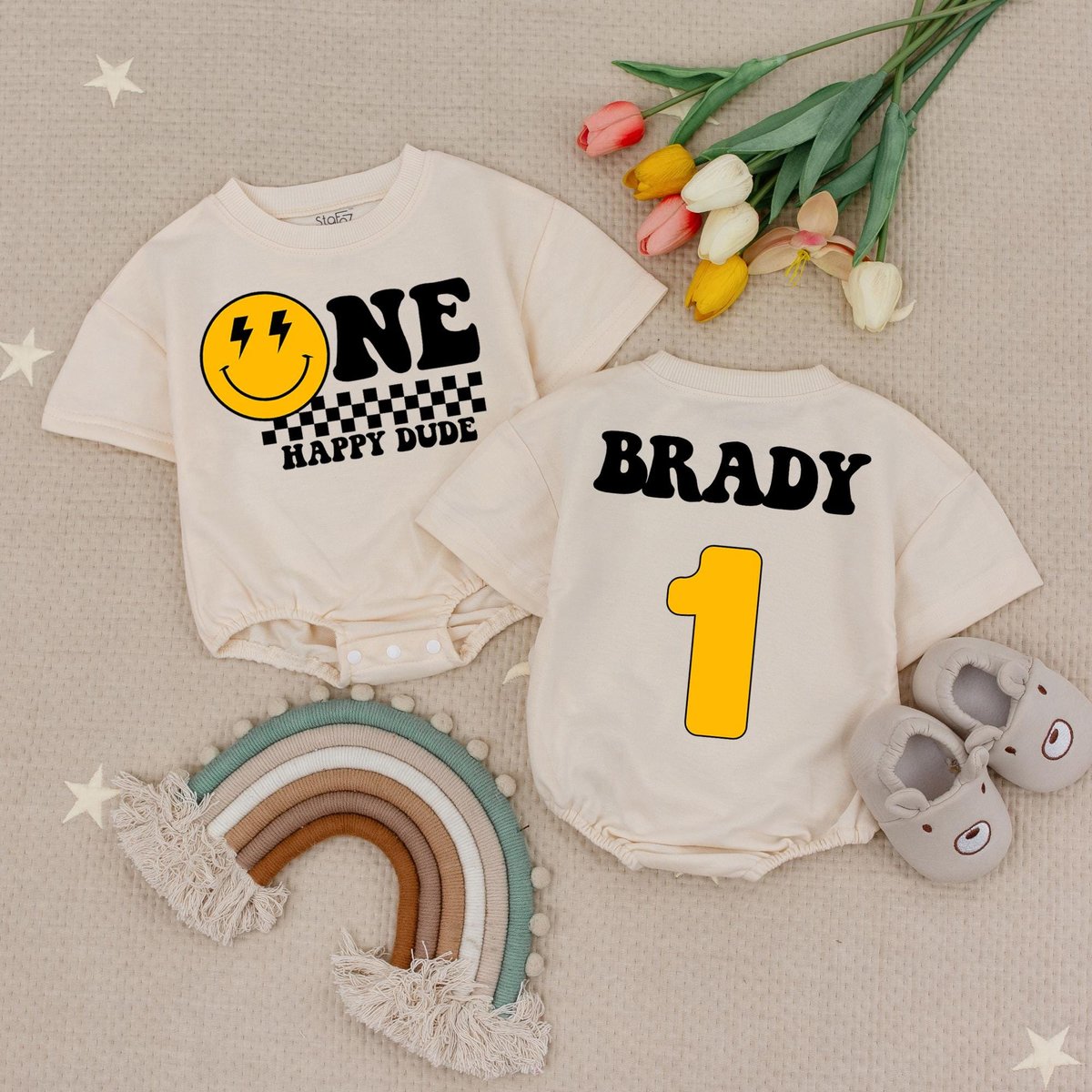 Custom Name And Number One Happy Dude Birthday Baby Romper 1st Birthday Baby Smiley Face Birthday Ou