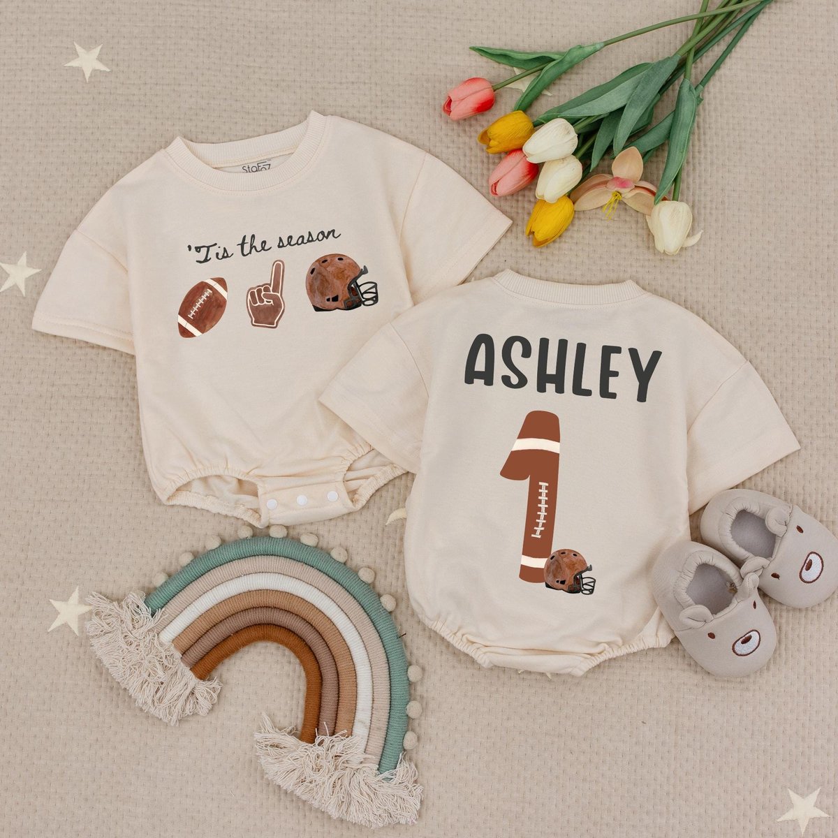 Custom Name and Number Tis The Season Football Bubble Romper Retro Game Day Football Mom Baby Romper