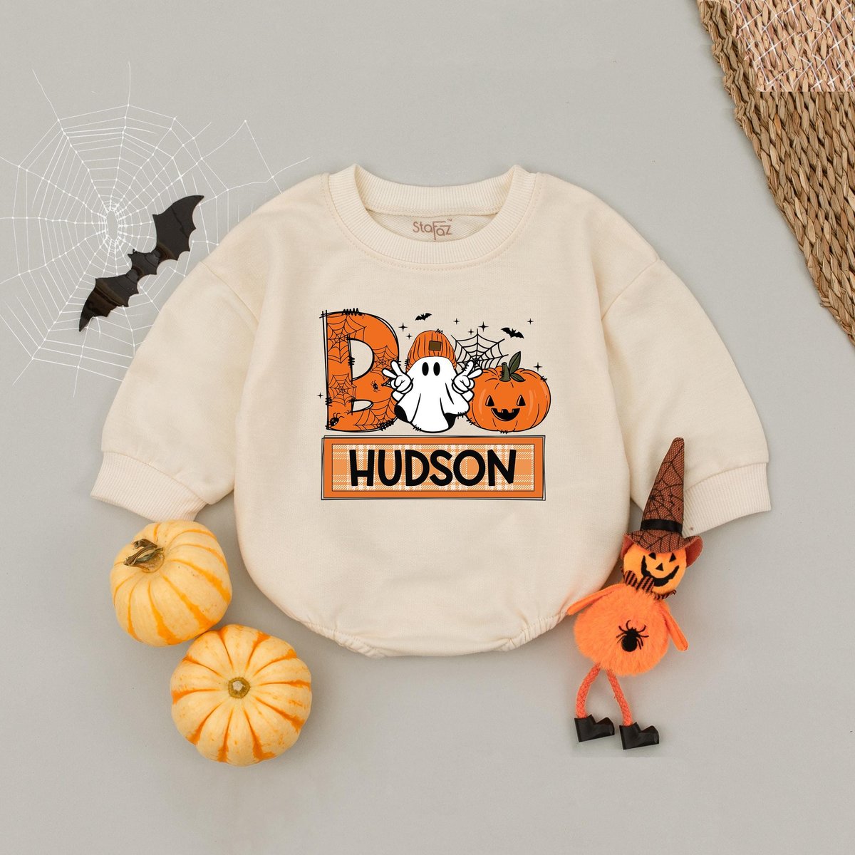 Custom Name Baby Boy Halloween Boo Baby Romper Ghost Boy Halloween Babysuit Boo Halloween Ghost Body