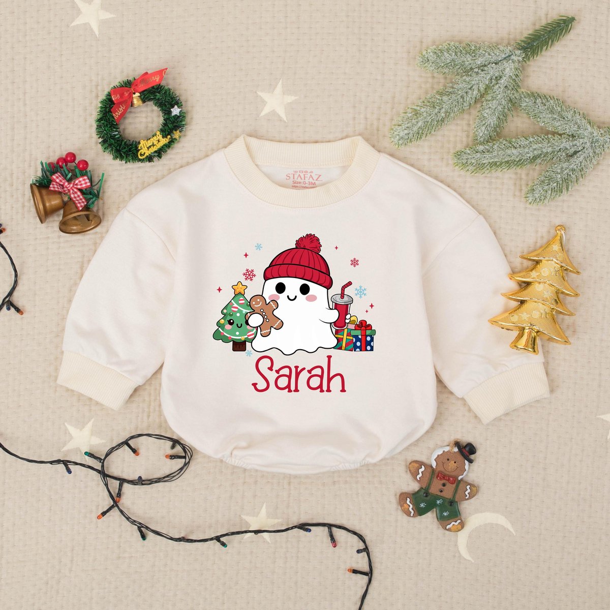 Custom Name Baby Cute Christmas Ghost Baby Bodysuit Holiday Gingerbread Cookie Winter Tee for Kids C