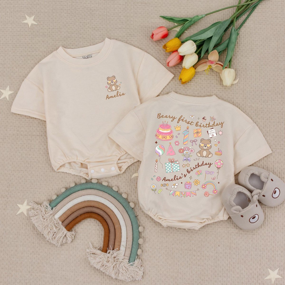 Custom Name Beary First Birthday Baby Romper Personalized 1st Birthday Outfit Cute Bear Theme Baby