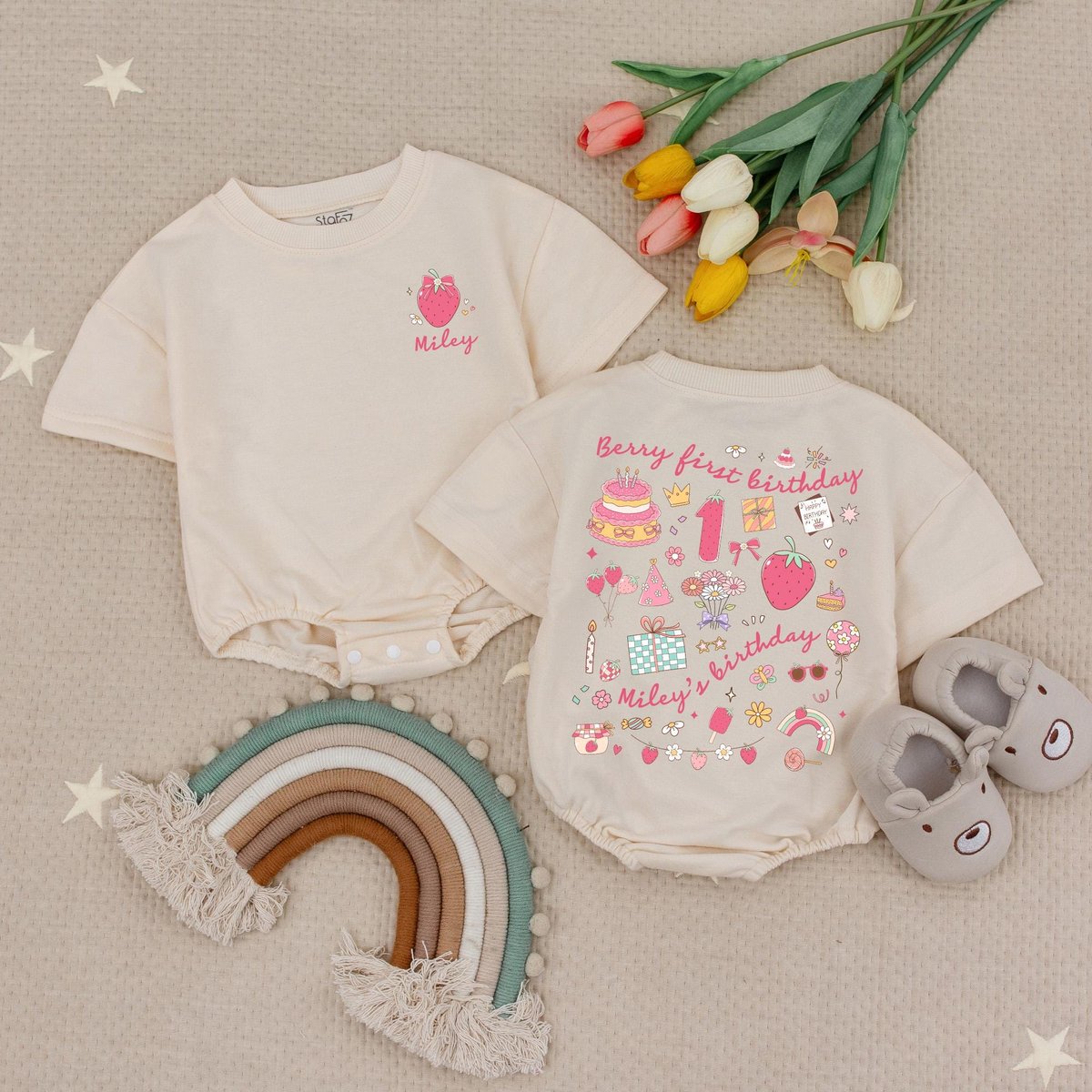 Custom Name Berry First Birthday Baby Romper Personalized 1st Birthday Outfit Strawberry Theme Baby