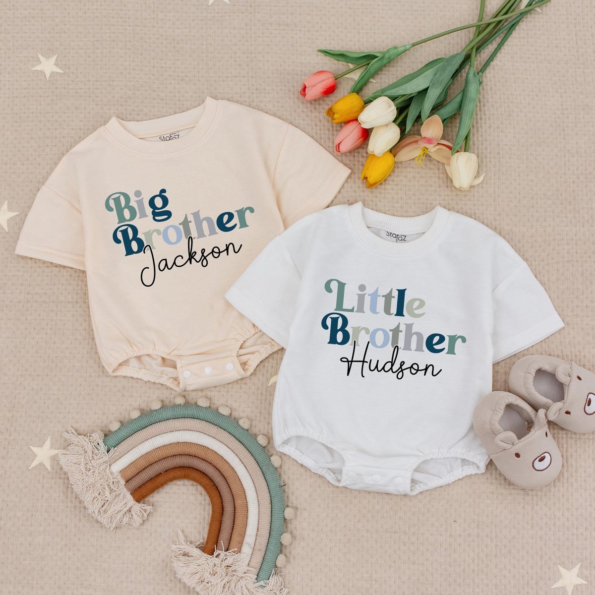 Custom Name Big Brother Baby Romper Little Brother Baby Grow Cute Siblings Kids Personalised Tees Ba