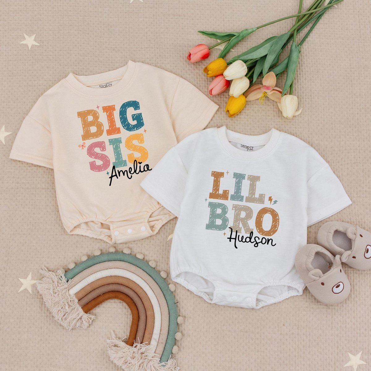 Custom Name Big Sis Lil Bro Bubble Romper Cute Siblings Gift Personalized Siblings Matching Babysuit