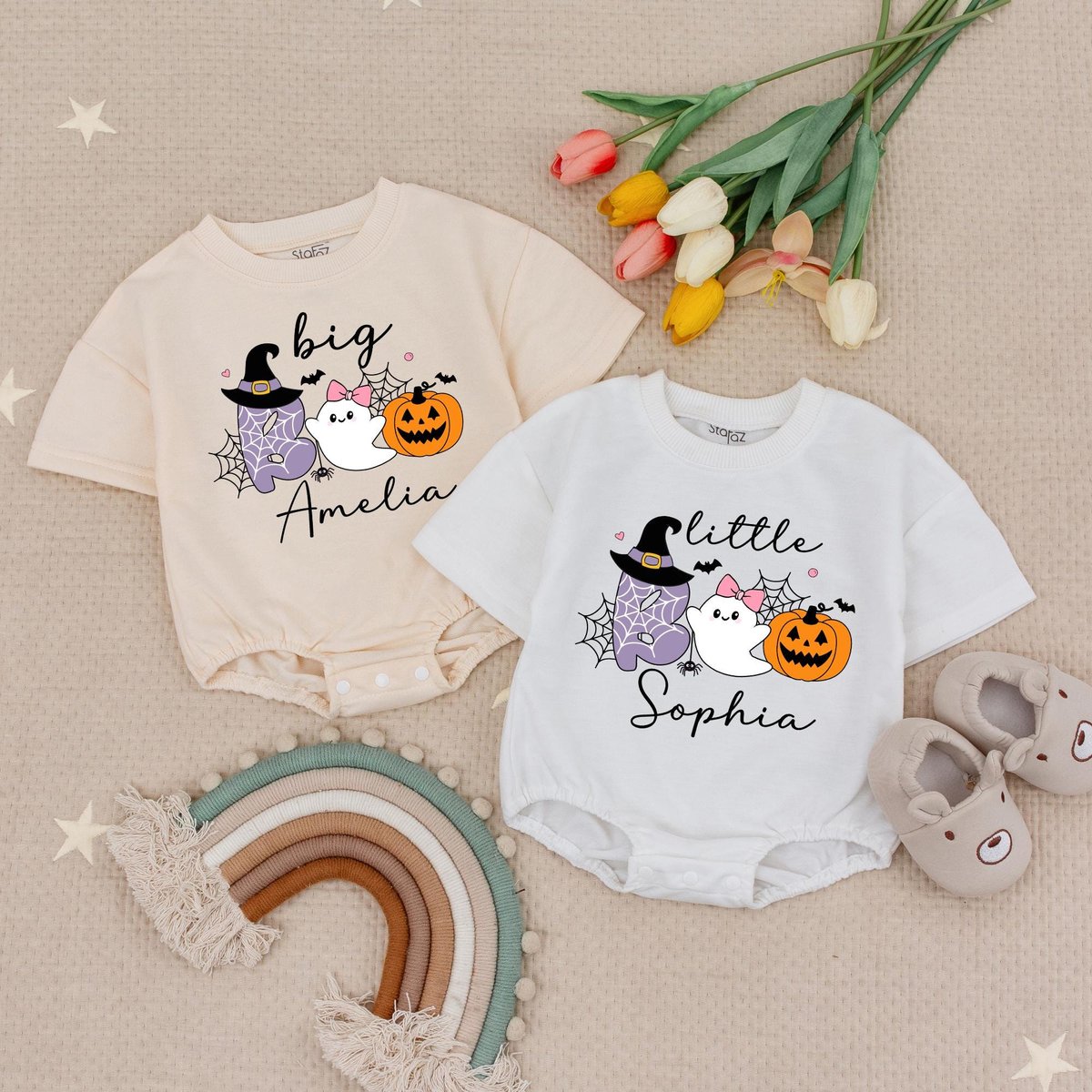 Custom Name Big Sister and Little Sister Halloween Bubble Romper Matching Ghost Sister Baby Romper H
