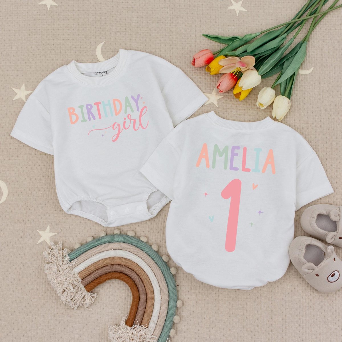 Custom Name Birthday Girl Baby Romper Rainbow Birthday Girl Outfit Baby Girl Birthday Outfit Baby Bi