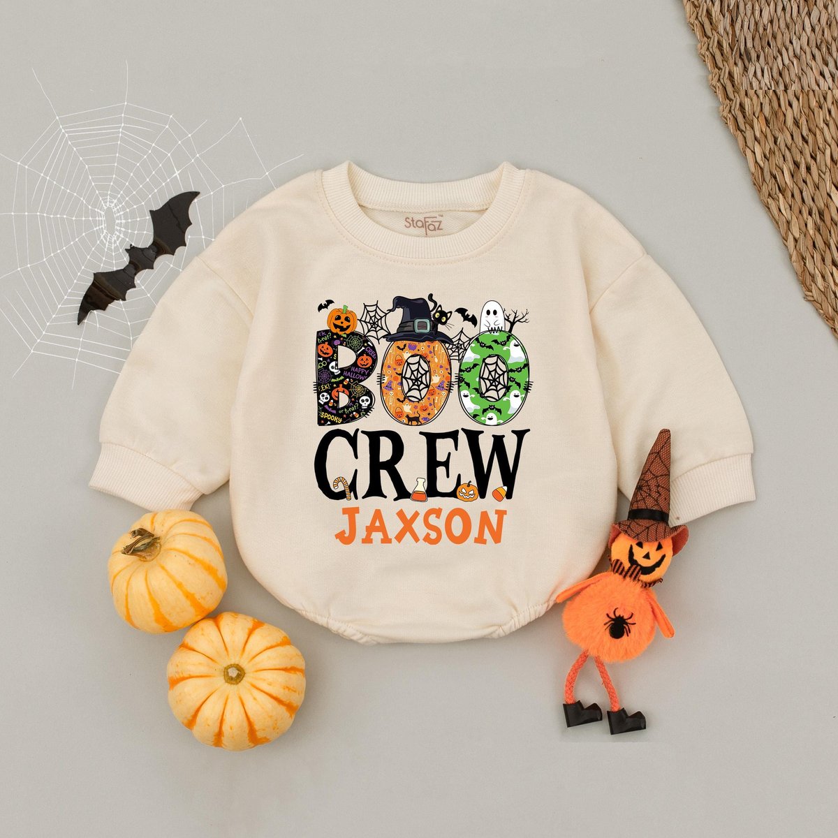 Custom Name Boo Crew Halloween Kids Bubble Romper Personalized Kids Halloween Party Baby Romper Tric
