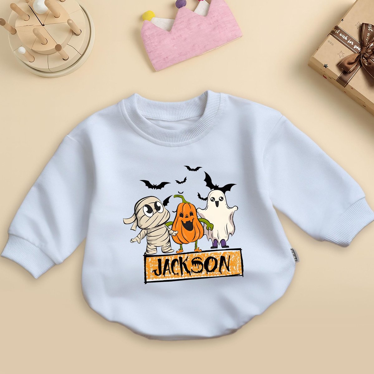 Custom Name Boo Ghost Bubble Romper Cute Halloween Ghost Bodysuit Custom Spooky One Baby Romper Fall 436