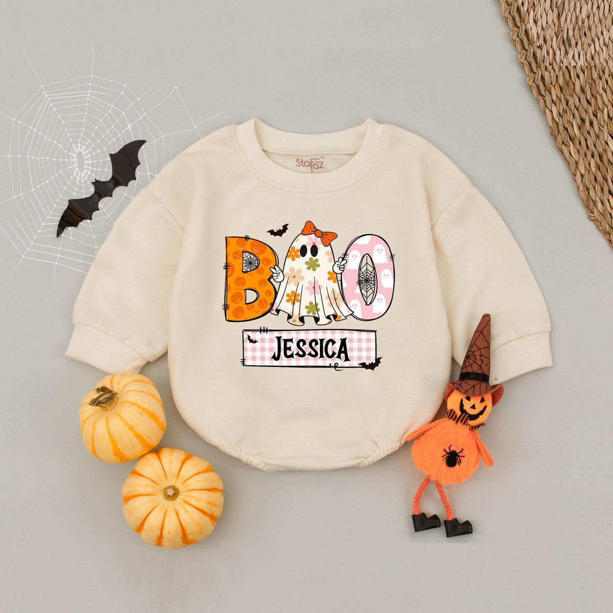 Custom Name Boo Ghost Girl Baby Romper Personalized Halloween Baby Outfit Spooky Cute Baby Costume F