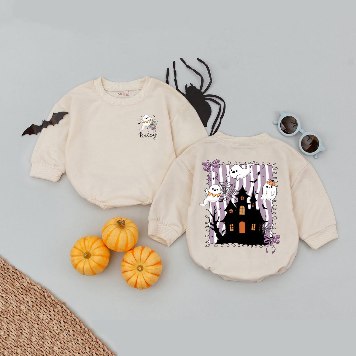 Custom Name Bow Halloween Baby Romper Cute Halloween Pink Pumpkin Babysuit Pumpkin Cute Bow Babysuit