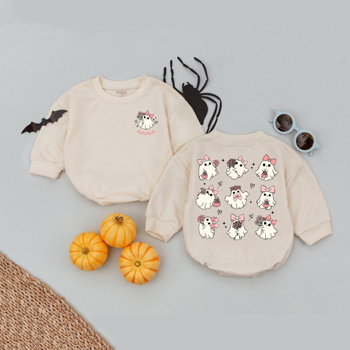 Custom Name Bow Pink Ghost Baby Romper Personalized Halloween Baby Girl Outfit Cute Ghost Babysuit S