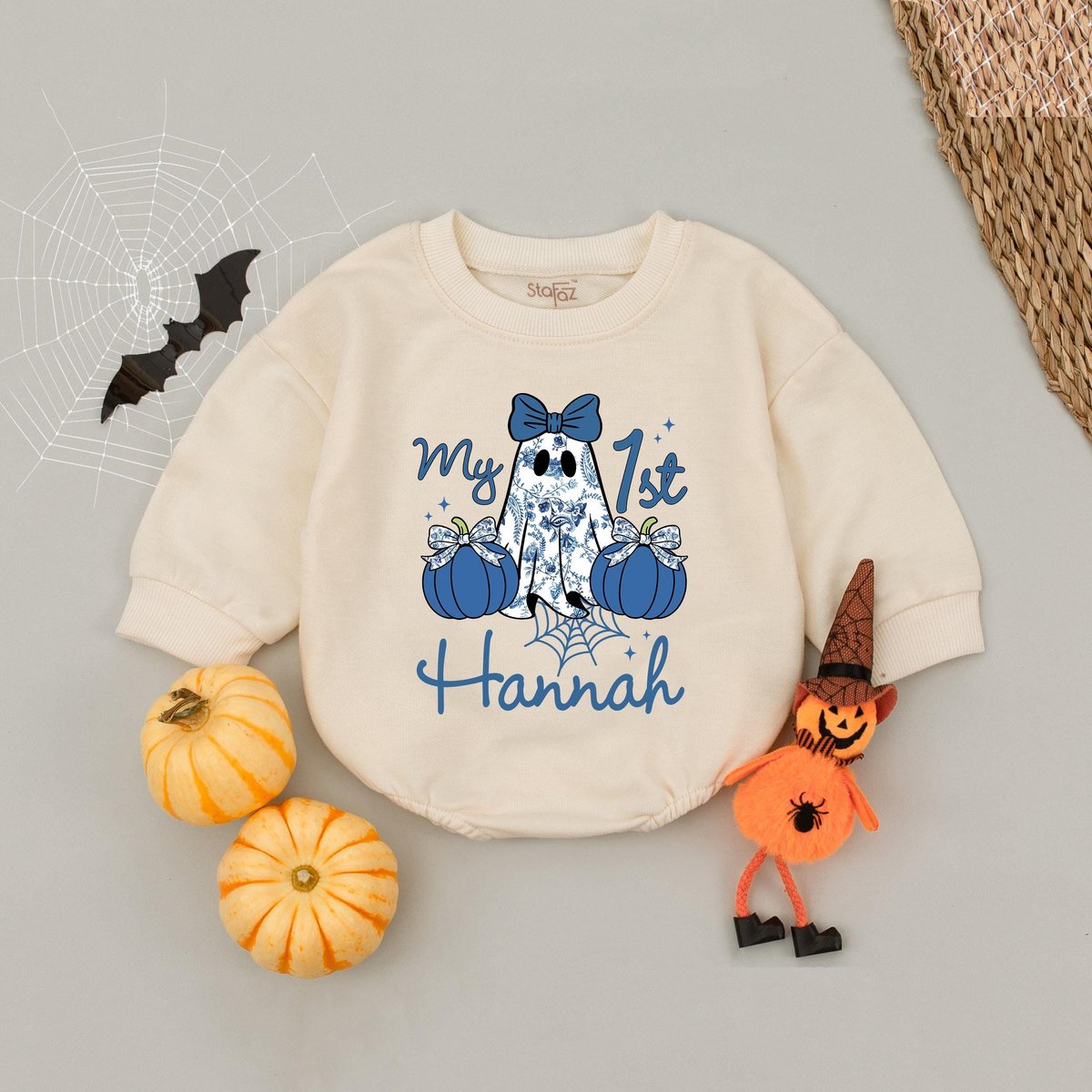 Custom Name Boy Girl Halloween Blue Denim Ghost Baby Romper Patchwork Ghost T-shirt Cute Blue Bow Te