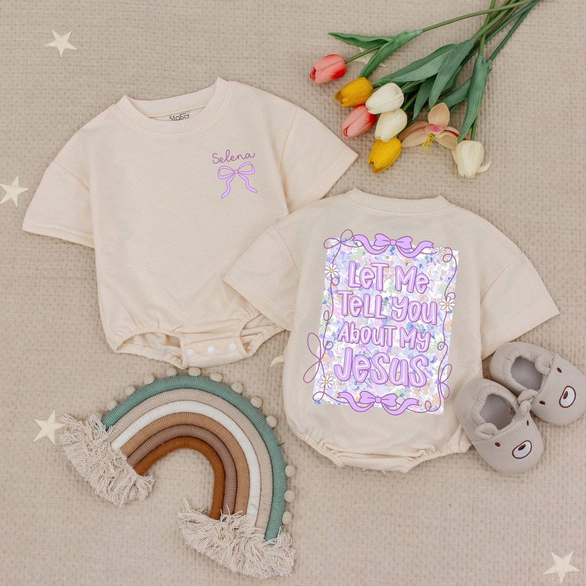 Custom Name Christian Purple Bow Bubble Romper Bow Christian Mama Babysuit Let Me Tell You About My