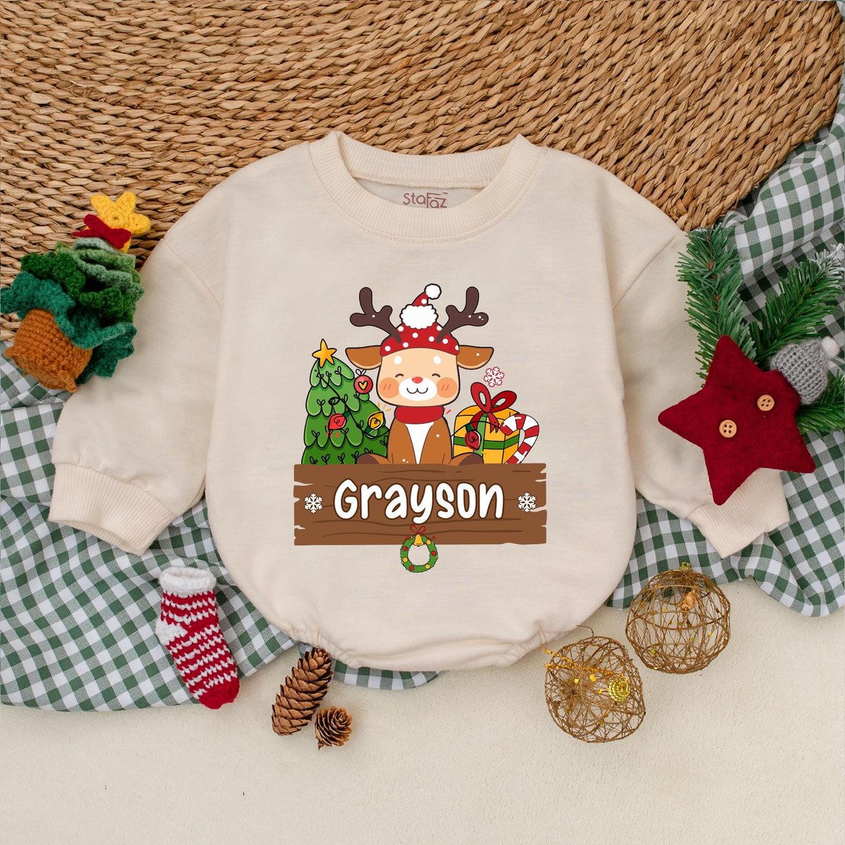 Custom Name Christmas Baby Romper Cute Reindeer Baby Bodysuit Baby Christmas Outfit My First Christm 181