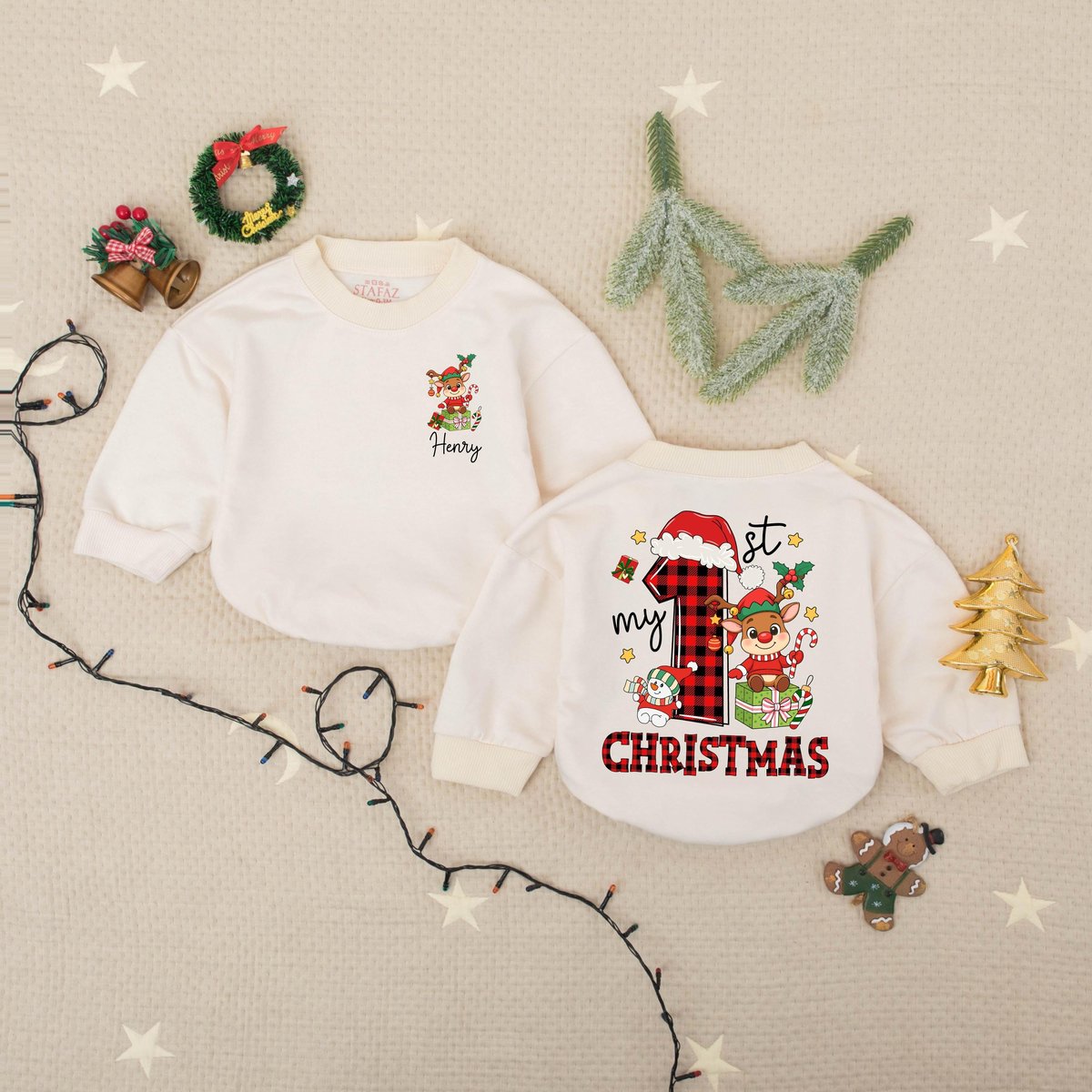 Custom Name Christmas Bubble Romper Cute Reindeer Baby Bodysuit Christmas Baby Boy Gift Xmas Birthda