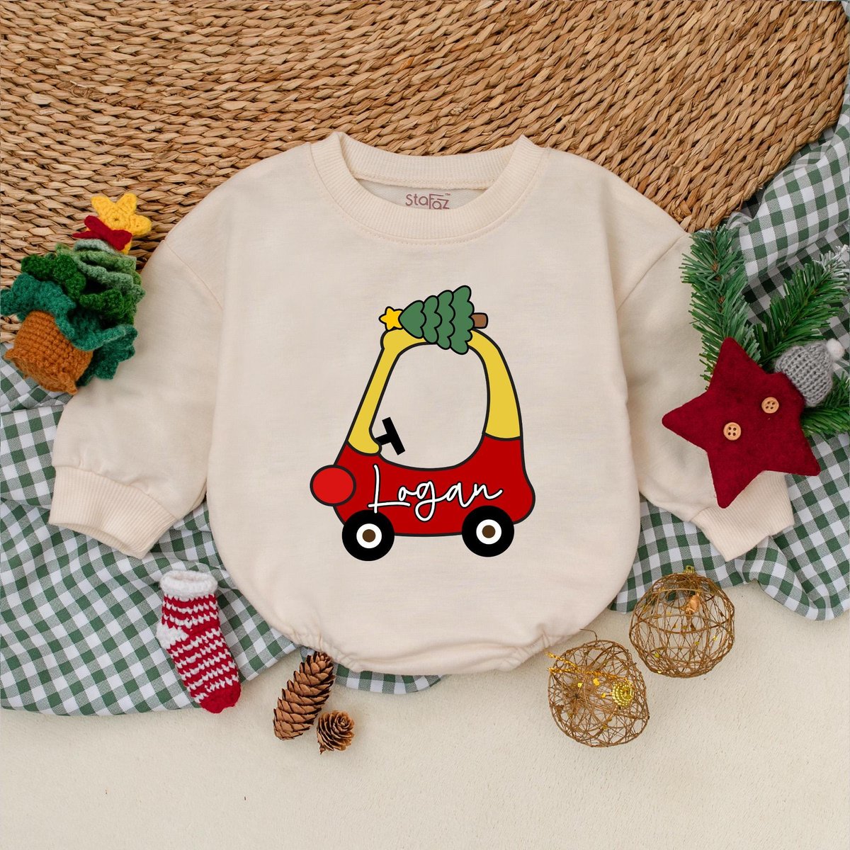 Custom Name Christmas Car Baby Romper Cute Red Car Baby Bodysuit Baby Christmas Outfit My First Chri 180