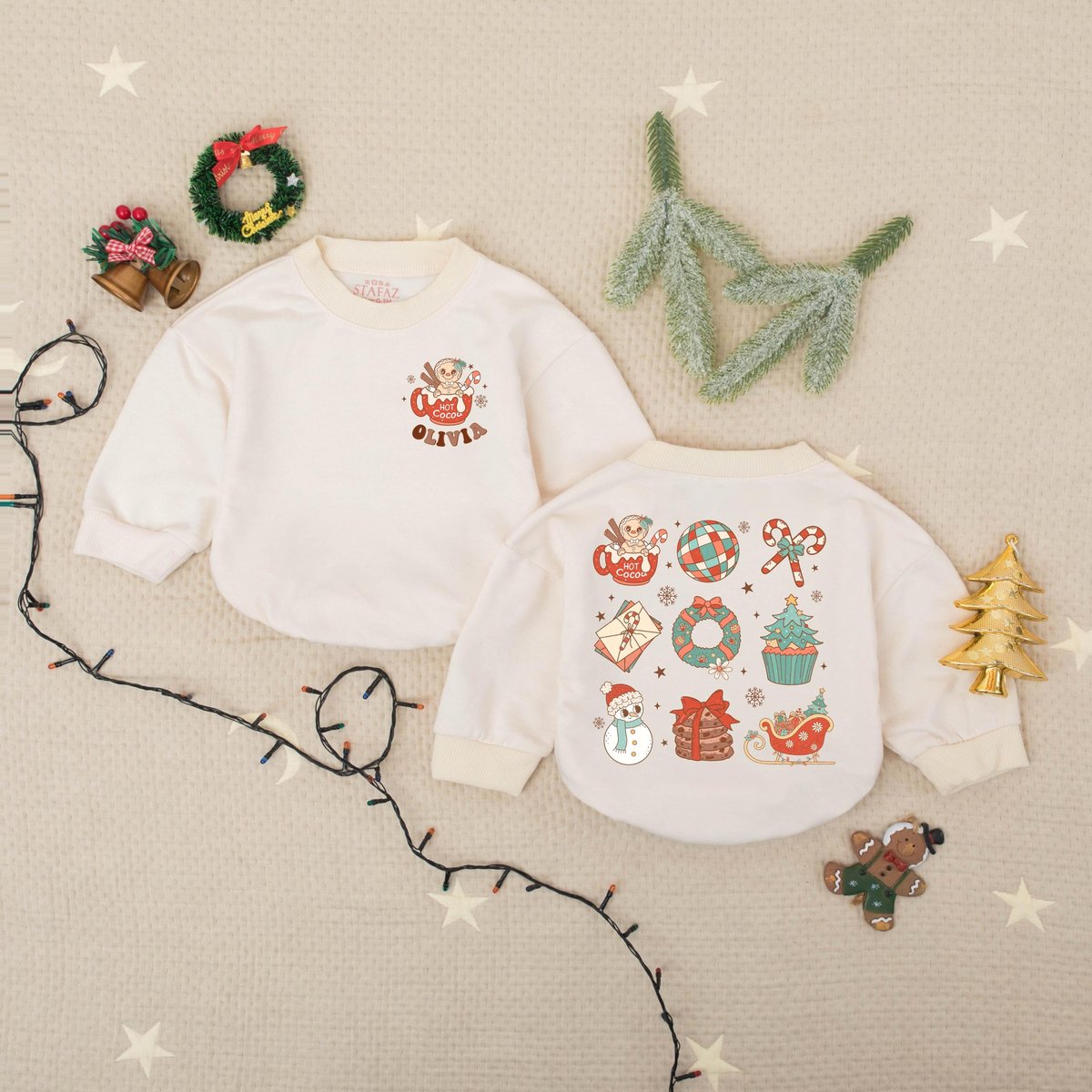 Custom Name Christmas Natural Bubble Romper Santa Reindeer Gingerbread Babysuit Retro Vintage Christ