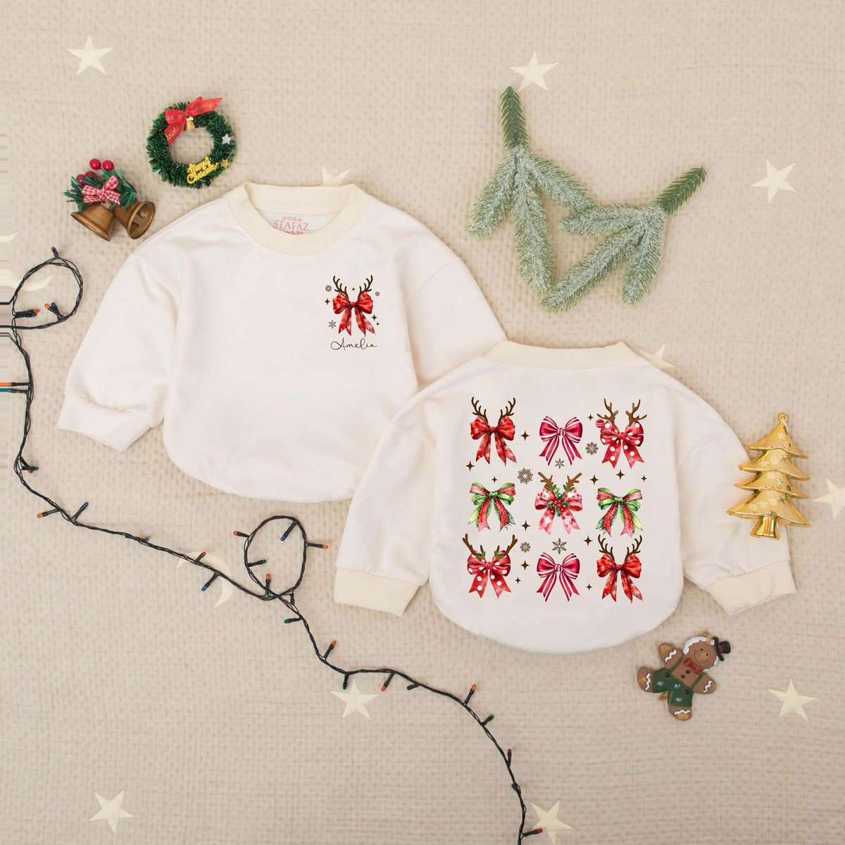 Custom Name Christmas Red Bow Baby Romper Sweater Santa Red Bow RomperReindeer Xmas Babysuit Newborn