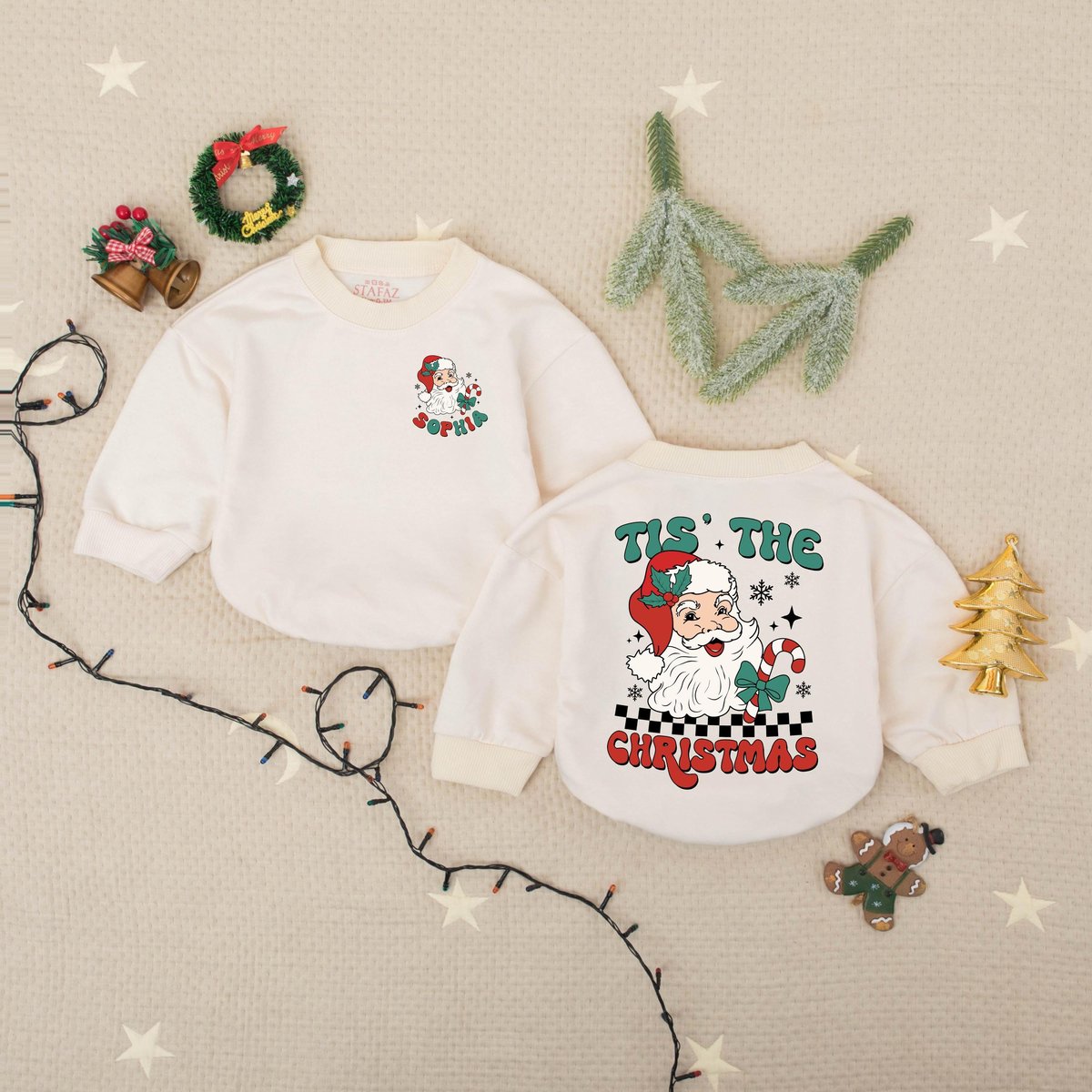 Custom Name Christmas Retro Santa Tis The Season Baby Bubble Romper Personalized Holiday Infant Outf