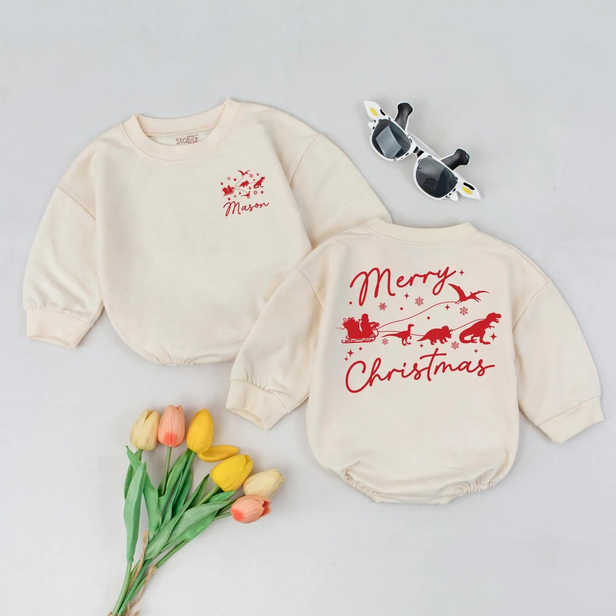 Custom Name Christmas Romper Santa Dinosaur Sleigh Bodysuit Personalized First Christmas Outfit Newb 436