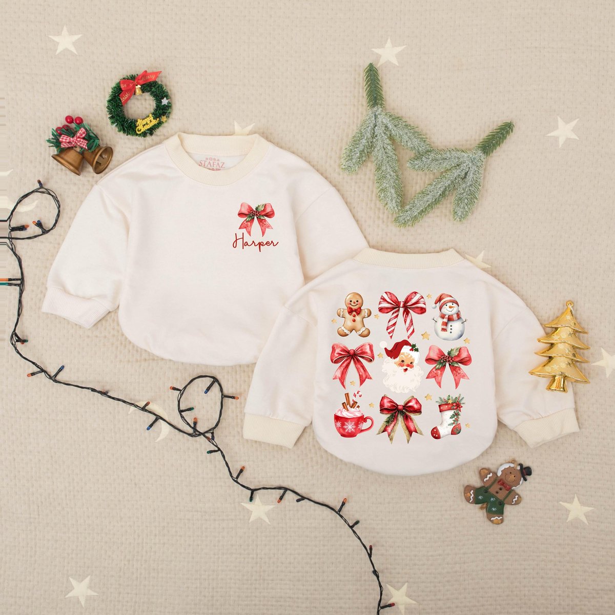 Custom Name Christmas Santa And Bows Baby Romper Sweater Red Christmas Bow Romper Santa Christmas Ba