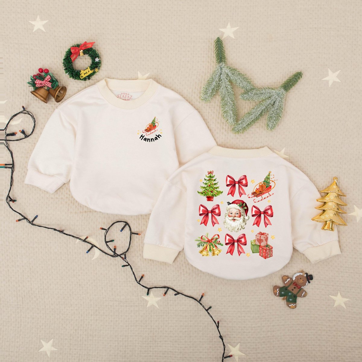 Custom Name Christmas Santa and Bows Bubble Romper Santa Red Bow Baby Romper Personalized Holiday In