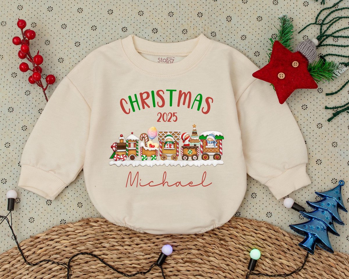 Custom Name Christmas Train Bubble Romper Custom Christmas Train Babysuit Custom Christmas Baby Outf