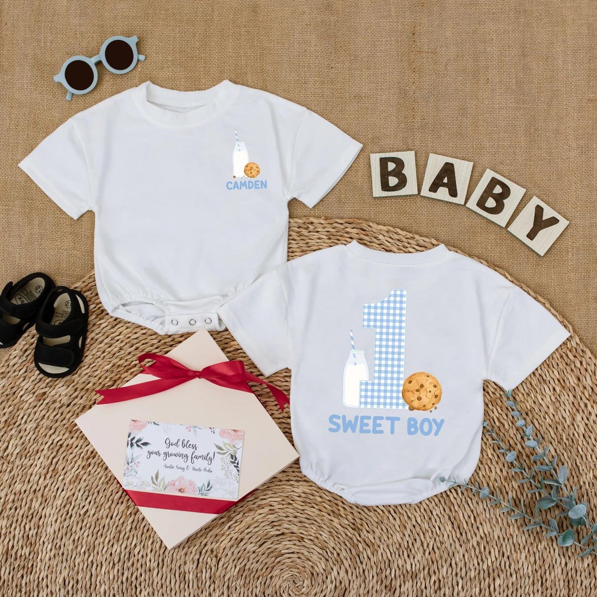 Custom Name Cookie One Sweet Boy Baby Romper Cookies and Milk 1st Birthday Shirts Baby Boy 1st Birth 431