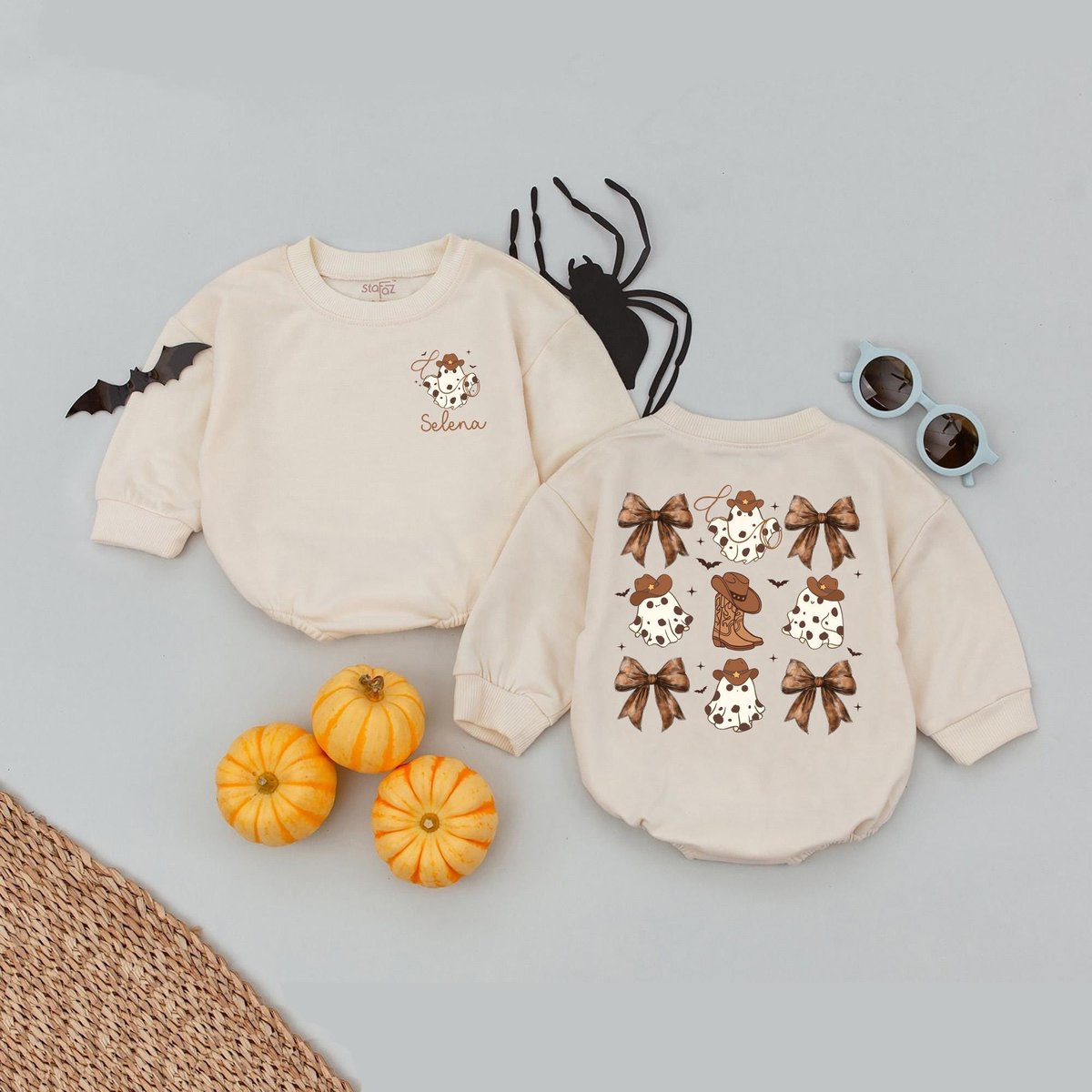 Custom Name Cowboy Ghost Baby Romper Bow Halloween Baby Outfit Personalized Babysuit Cute Spooky Bab