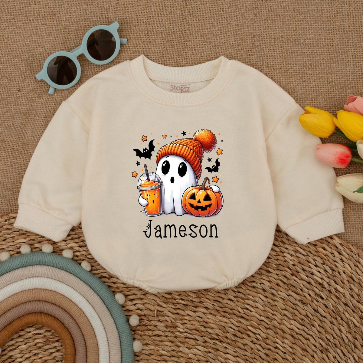 Custom Name Cute Ghost Romper Infant Halloween Baby Bodysuit Boys Halloween Bubble Romper Fall Baby 178