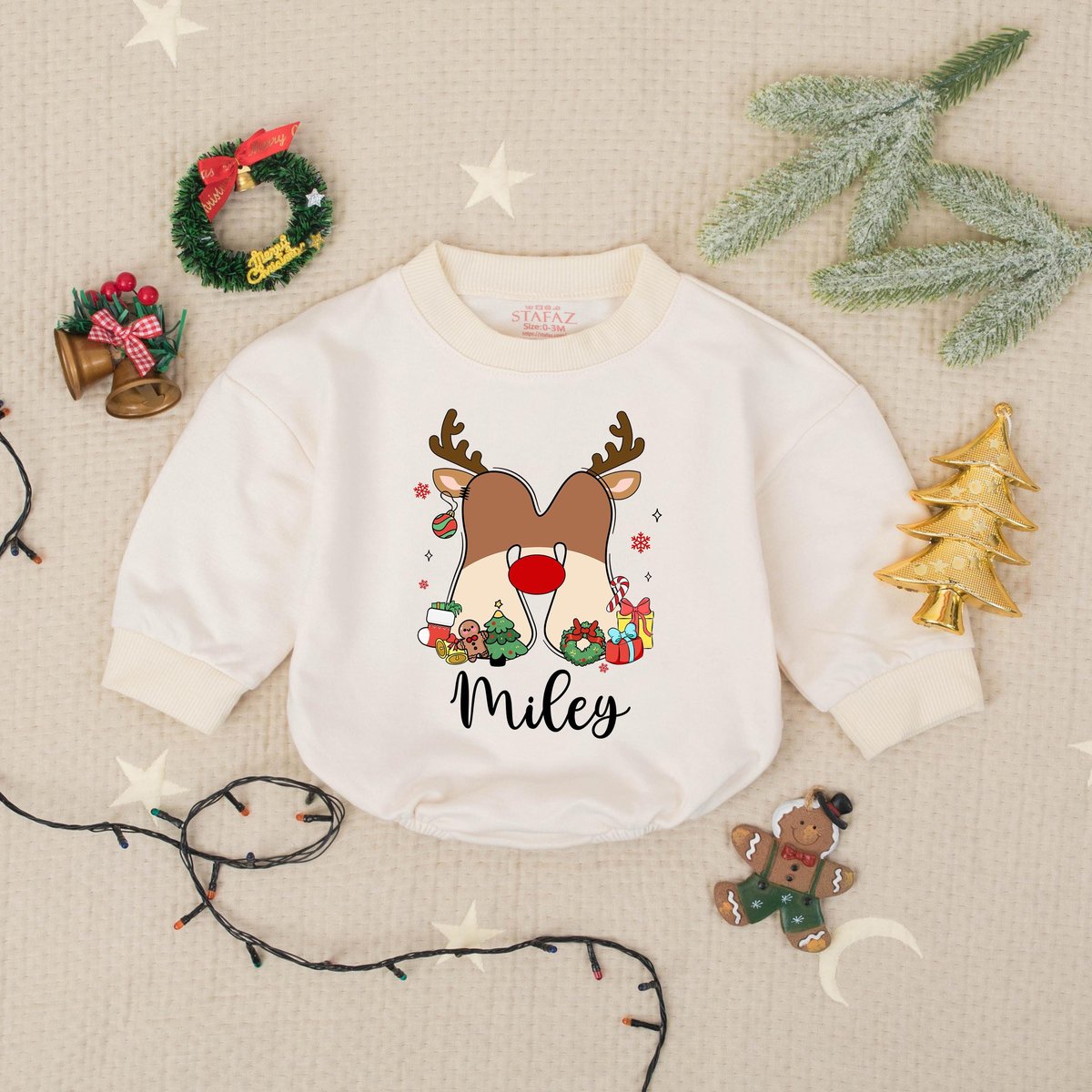 Custom Name Cute Reindeer Christmas Baby Romper Sweater Personalized Holiday Infant Outfit Newborn X