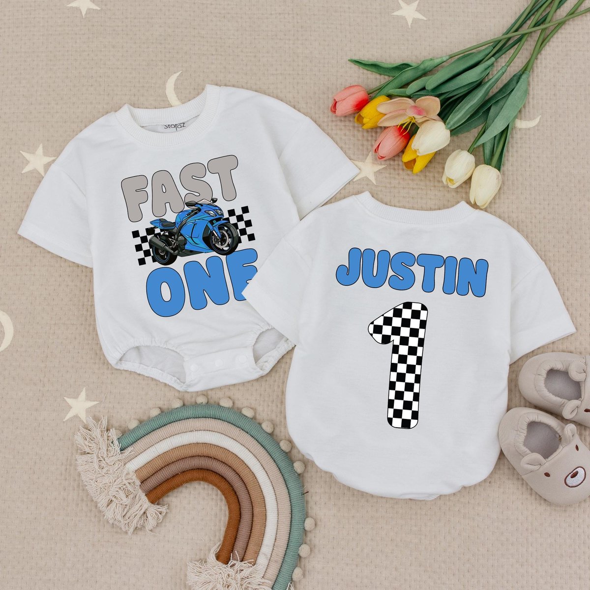 Custom Name Fast One First Birthday Baby Romper Motorcycle Theme 1st Birthday Outfit Biker Babysuit