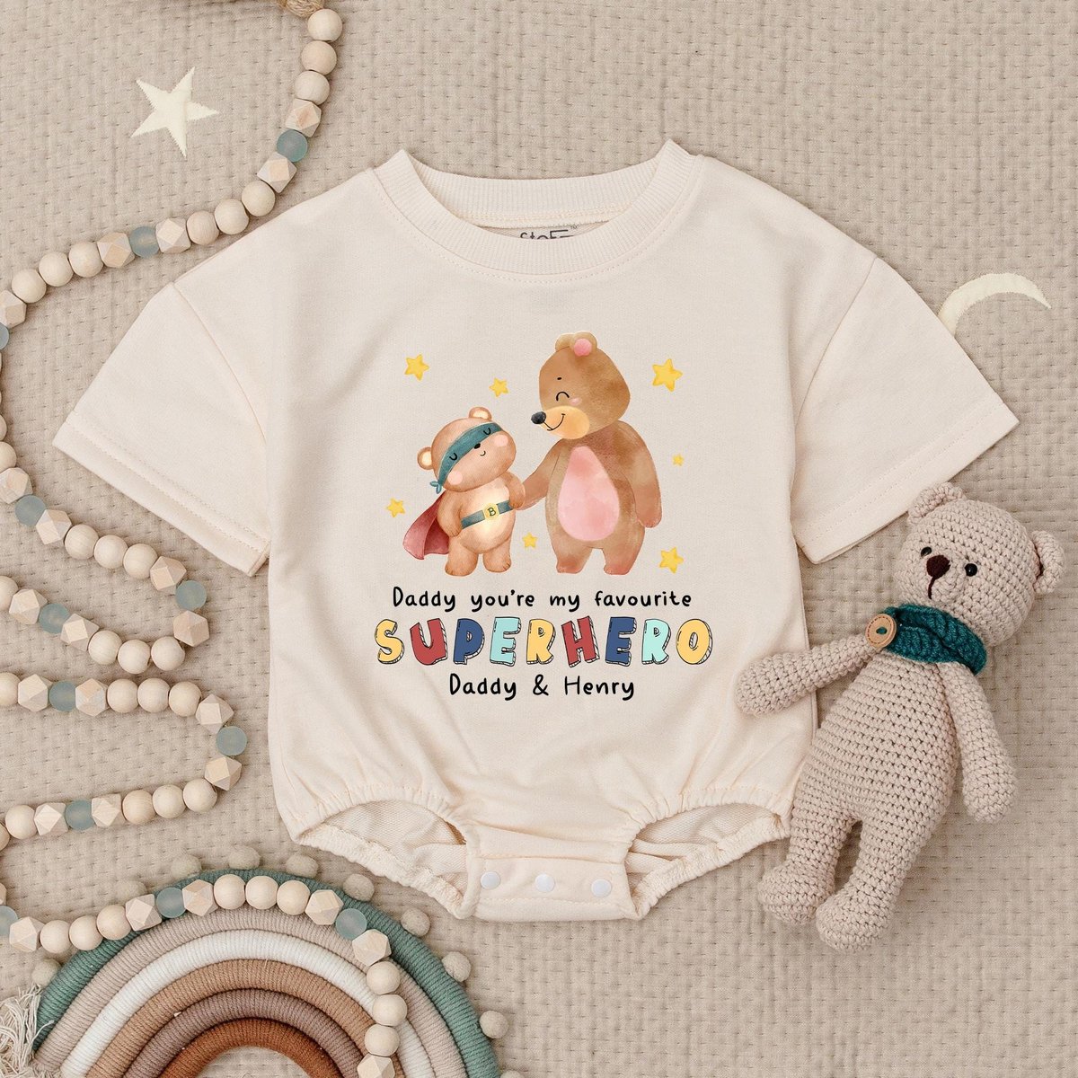 Custom Name Father's Day Baby Romper Personalized Hero Babygrow Romper 1st Father's Day Gift Anima