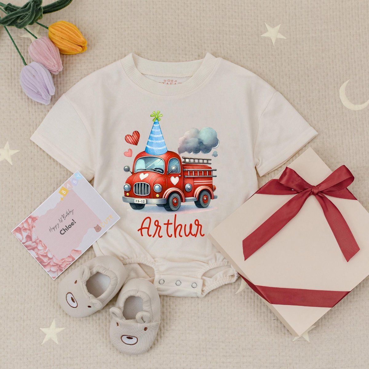 Custom Name Fire Truck Birthday Baby Romper Fire Engine Party Truck Birthday Babysuit Vehicle Birthd