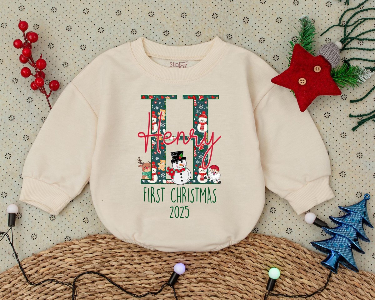 Custom Name First Christmas Baby Bodysuit Christmas Newborn Natural Holiday Baby Girly Christmas Bow