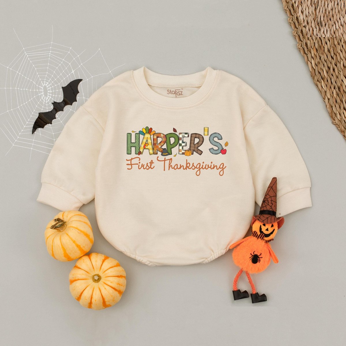 Custom Name First Thanksgiving Bubble Romper Personalized Baby's First Thanksgiving Baby Romper Fir