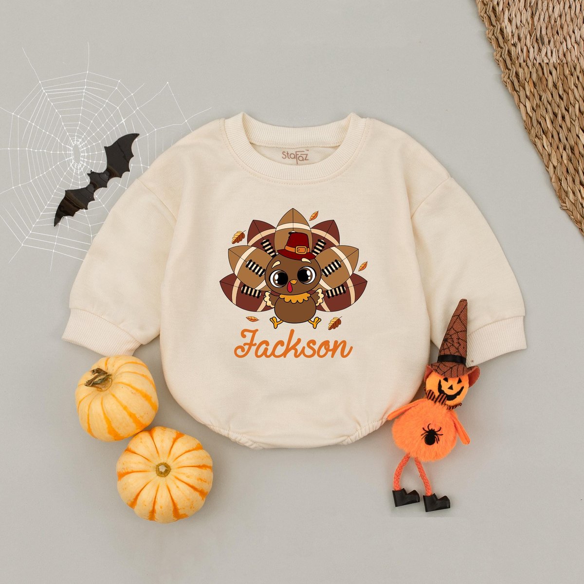 Custom Name Football Thanksgiving Baby Romper Personalized Turkey Natural Baby Bodysuit Custom Name