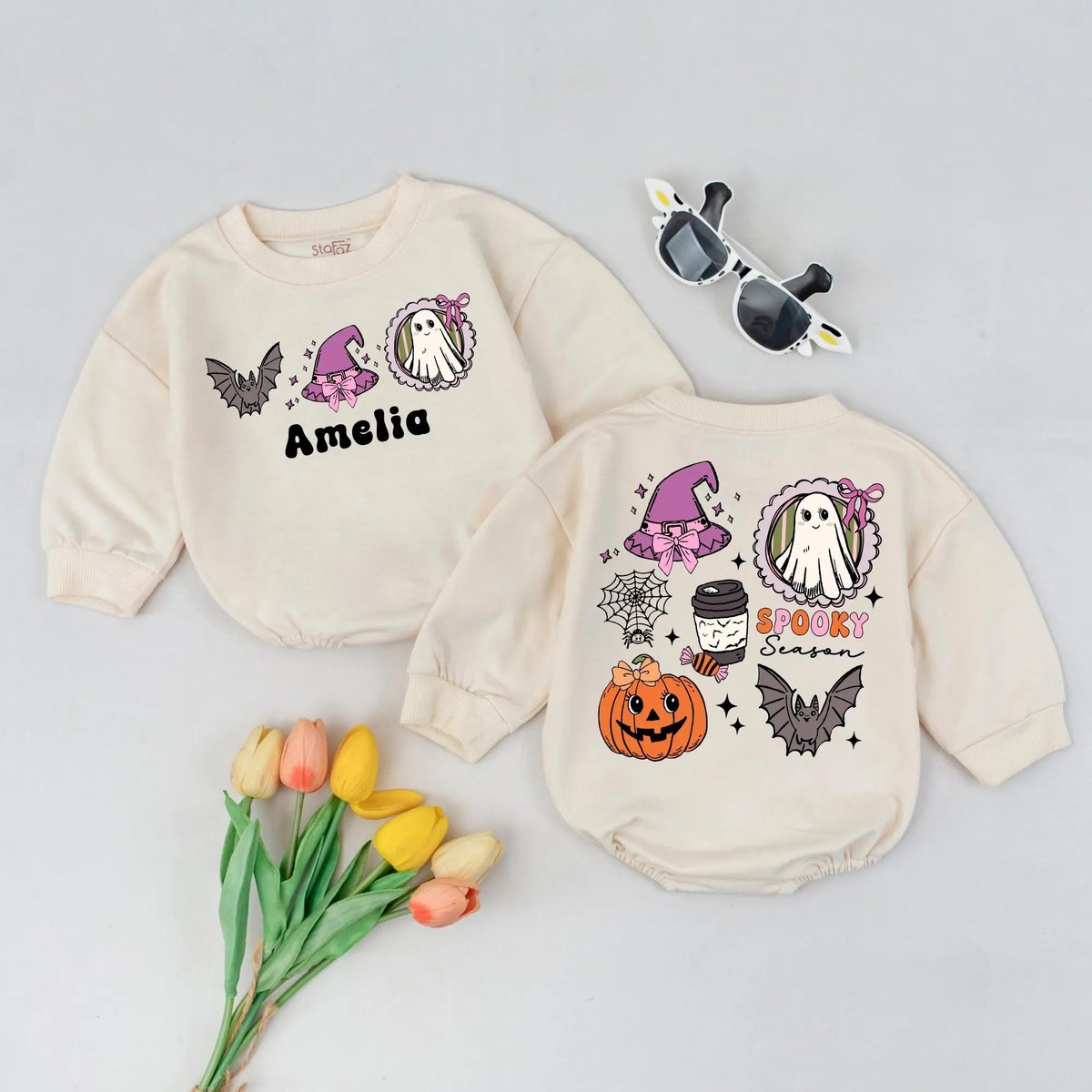 Custom Name Ghost Pumpkin Romper Cute Spooky Season Costume Customized Halloween Baby Outfit Fall Pu 436