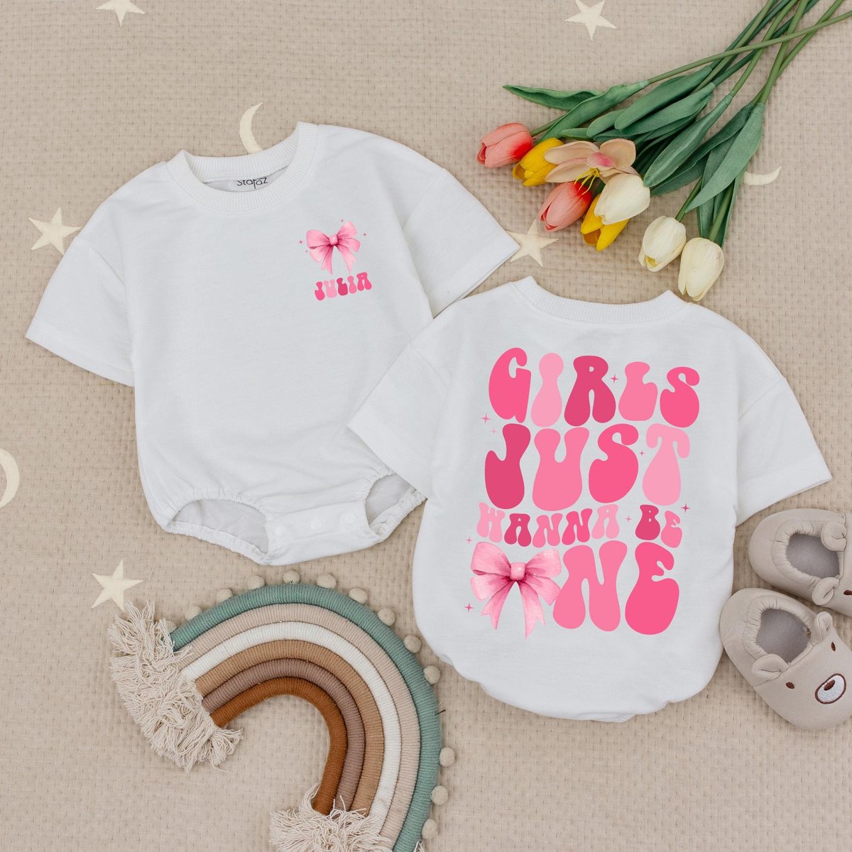 Custom Name Girls Just Wanna Be One Baby Romper Bow First Birthday 1st Birthday Girl Party Bubble Ro
